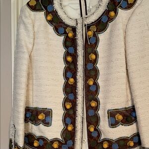 Tory Burch Cream Jacket with Blue and Brown Embroidery